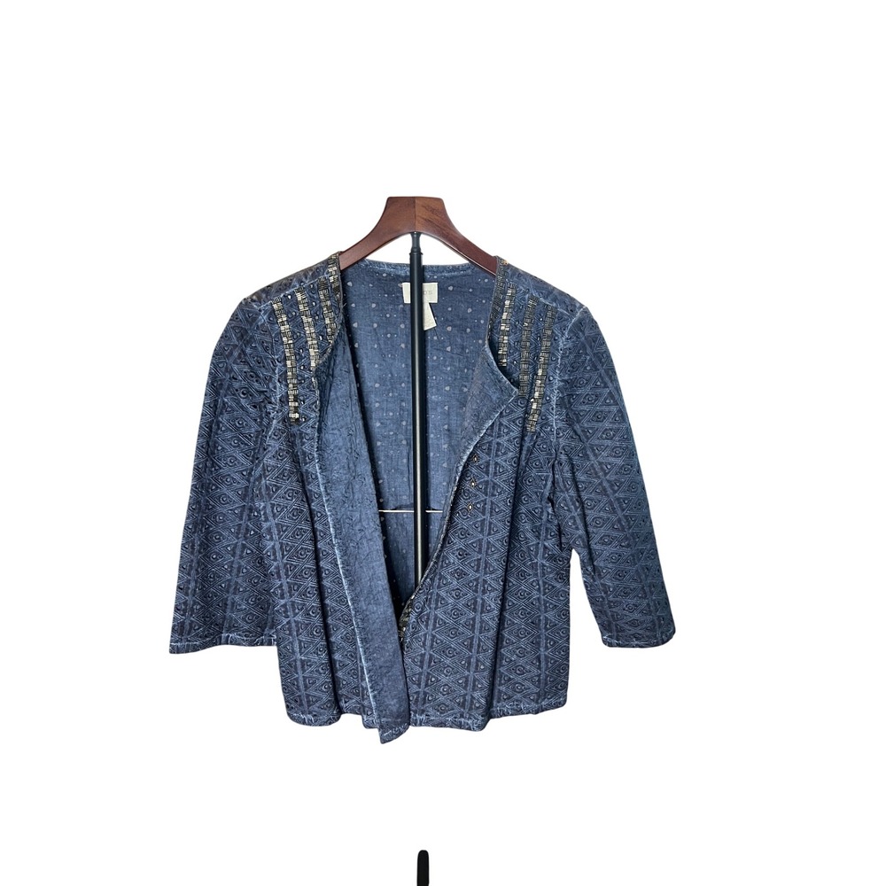 Chico's Navy/Denim Embroidered Open-Front Jacket with Metallic Beading Dressy
